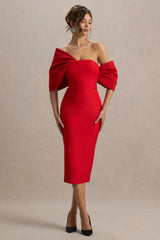 Lucille | Red Asymmetric Bardot Midi Dress With Bow Detail