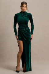 Wishes | Bottle Green Velvet High-Neck Maxi Dress With Wrap Skirt
