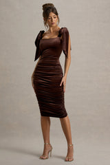 Tarna | Brown Velvet Midi Dress With Bow Straps