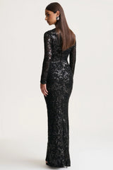 Stellar | Black Embellished Lace High-Neck Maxi Dress With Long Sleeves