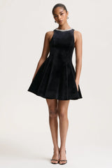 Meva | Black Velvet Hand-Embellished High-Neck Mini Dress