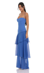 Long Ruffle Maxi Dress in Blue