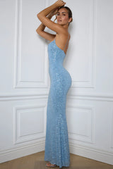 Embellished Fishtail Maxi Dress in Light Blue