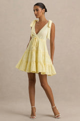 Corrina | Lemon Broderie Plunge-Neck Mini Dress