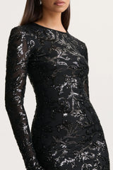 Stellar | Black Embellished Lace High-Neck Maxi Dress With Long Sleeves