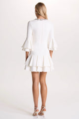 Mirna | Burgundy Crew-Neck Mini Dress With Bell Sleeves And Ruffled Detailing