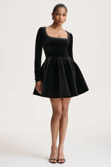 Beloved | Black Velvet Embellished Square-Neck Mini Dress