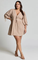 Rosita Mini Dress - Tie Front Puff Sleeve Dress in Caramel & White Gingham