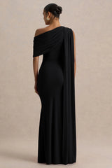 Zendaya | Black Asymmetric-Neck Fishtail Maxi Dress With Sash