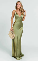 Quincy Maxi Dress Satin Slip Dress in Olive