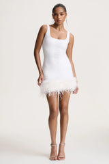 Rosalinda | White Sequin Square-Neck Mini Dress With Feather Trim