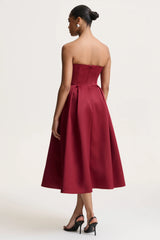 Promises | Red Satin Sweetheart-Neck Midi Dress