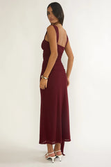 Emara Ruched Waist Sash Maxi Dress Burgundy