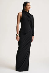 Aphra | Black High-Neck Maxi Dress With Cape-Sleeve