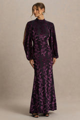 Janet | Black And Burgundy Devore High-Neck Maxi Dress With Cut-Out Details