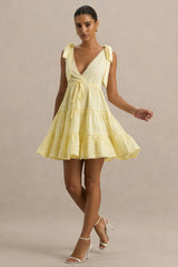 Corrina | Lemon Broderie Plunge-Neck Mini Dress