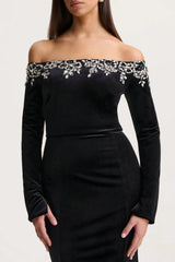 Fern | Black Velvet Embellished Bardot-Neck Maxi Dress