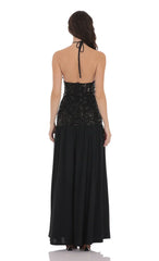 Drop Waist Sequin Maxi Dress in Black