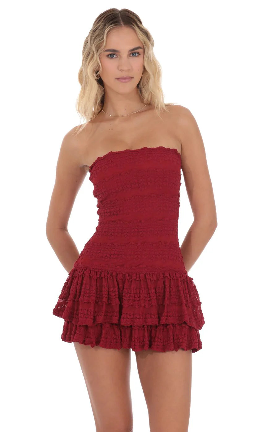 Strapless Lace Ruffle Dress in Red