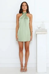 Exclusive Parties Halter Satin Mini Dress Sage  USD$69.00