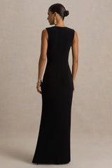 Alena | Black Extreme-Plunge Neck Maxi Dress With Gold Detail