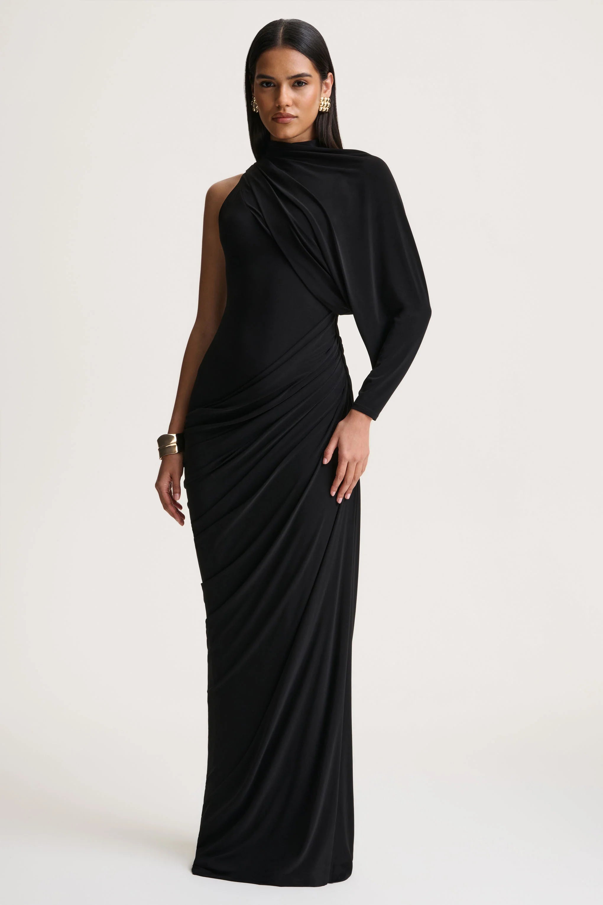 Aphra | Black High-Neck Maxi Dress With Cape-Sleeve