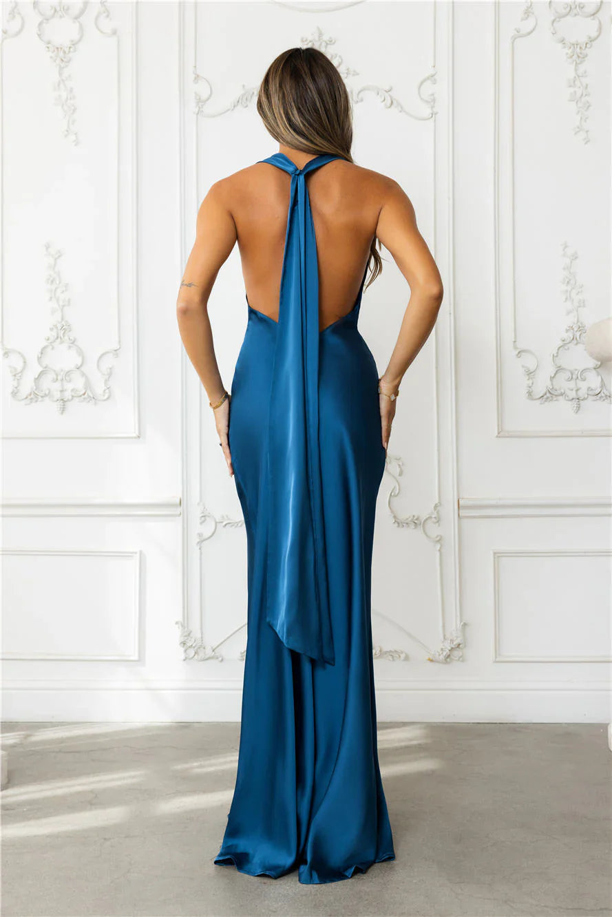 Nightfall Noir Halter Satin Maxi Dress