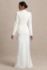 Pepita | Cream High-Neck Tailored Maxi Dress With Drop-Waist And Satin Skirt