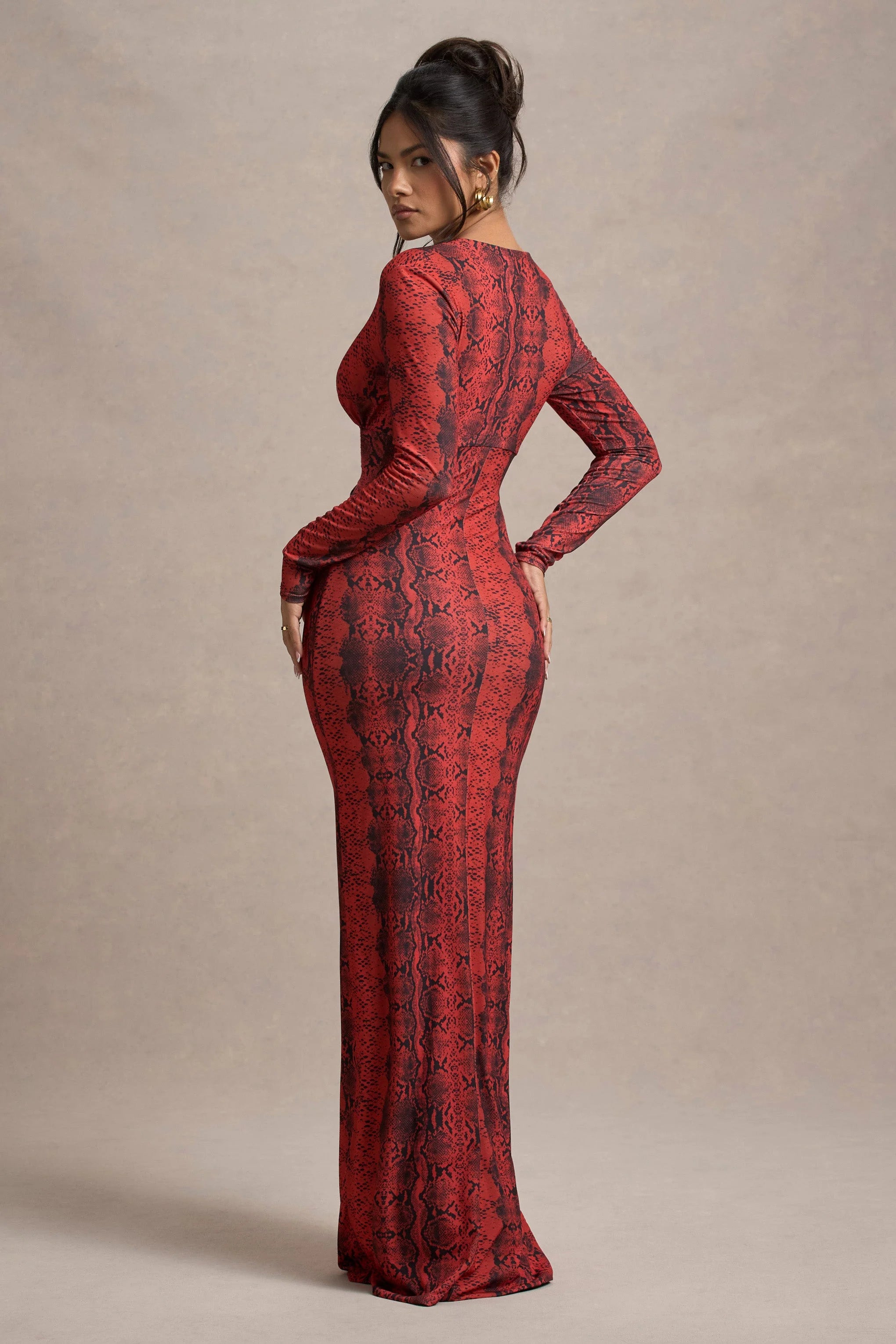 Mamba | Red Snake Print Plunge-Neck Long-Sleeve Maxi Dress