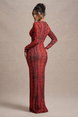 Mamba | Red Snake Print Plunge-Neck Long-Sleeve Maxi Dress
