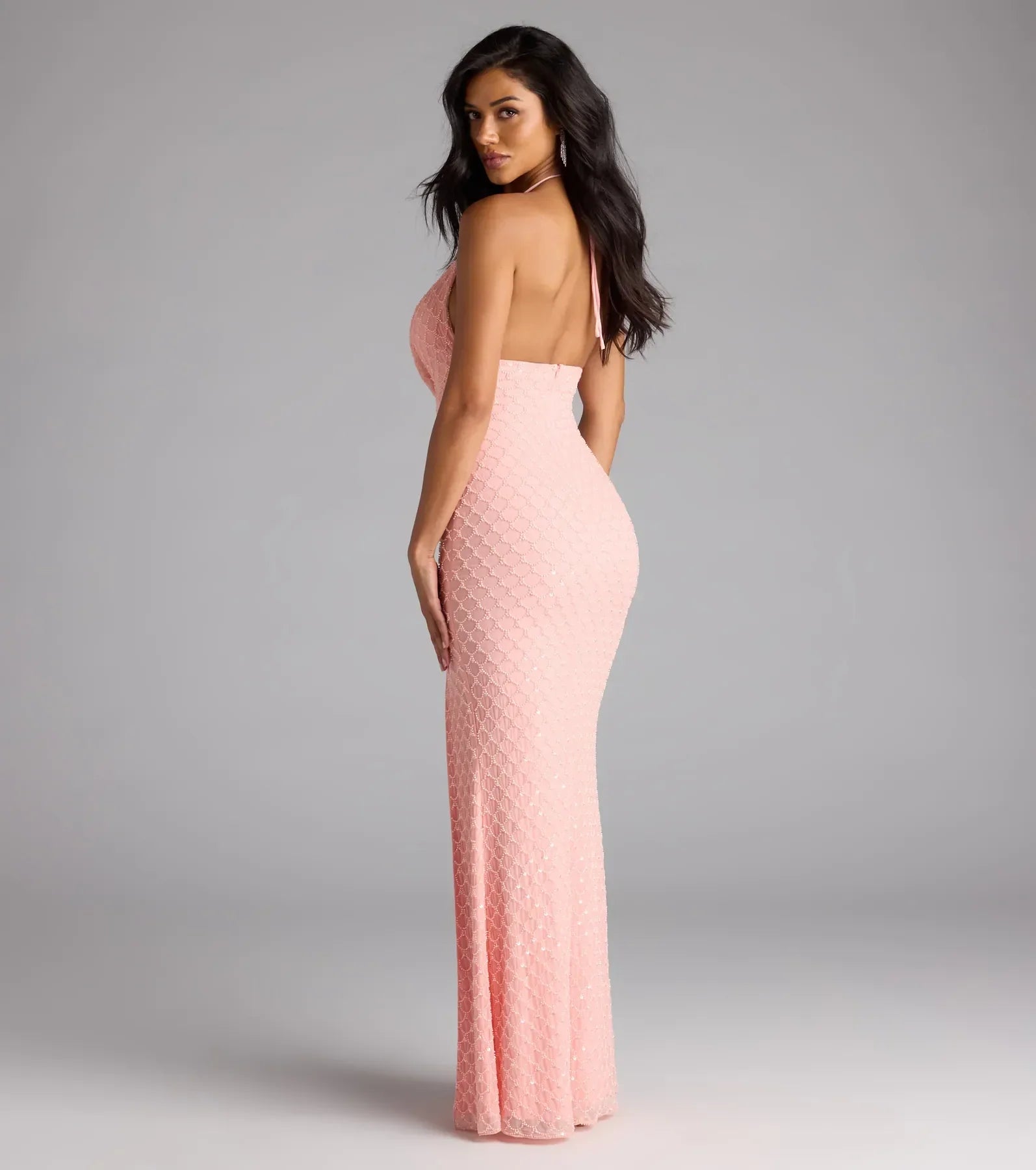 Alana Halter Beaded Sequin Formal Dress