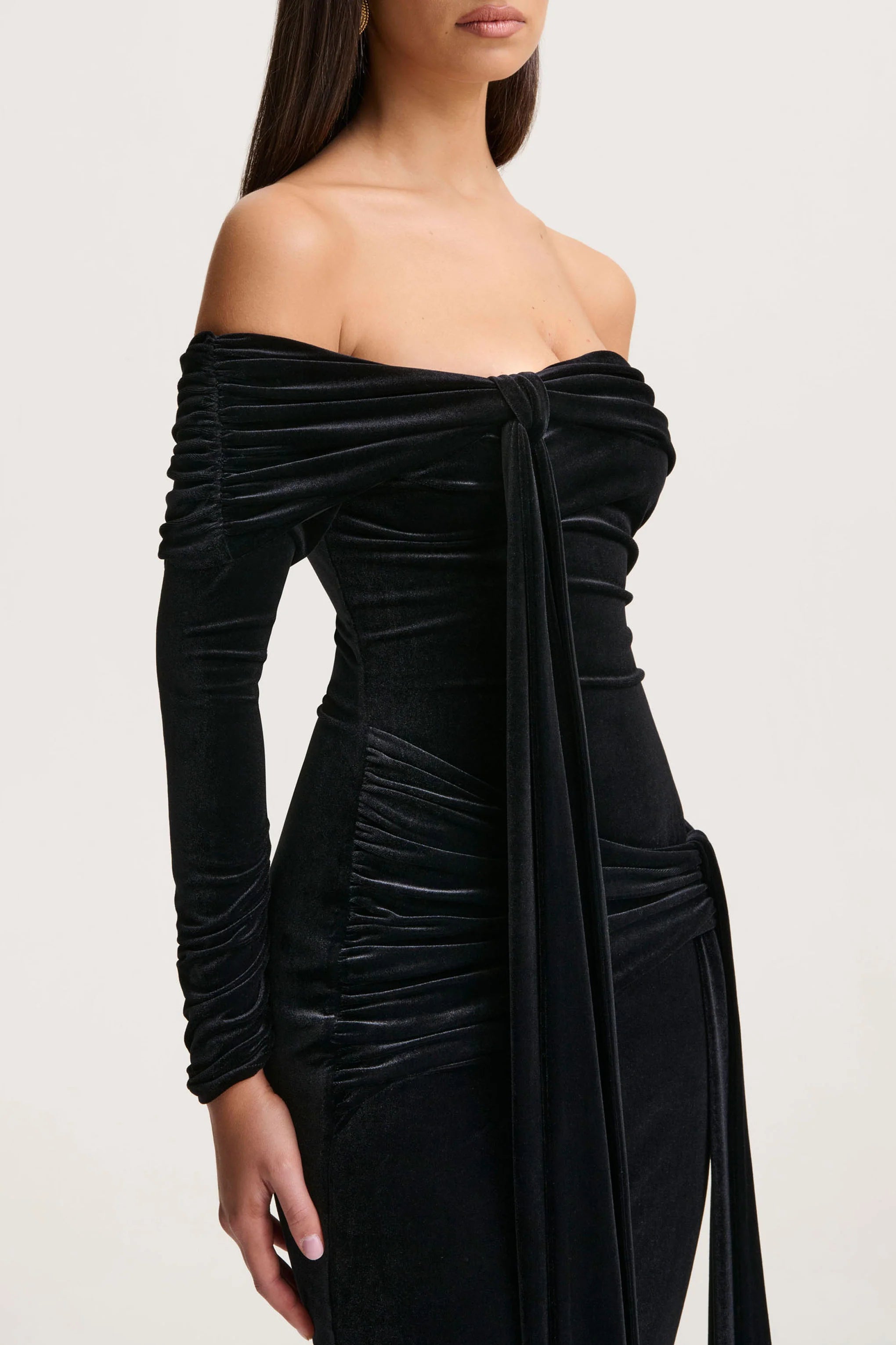 Jessara | Black Bardot-Neck Maxi Dress With Knot-Details