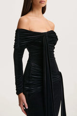 Jessara | Black Bardot-Neck Maxi Dress With Knot-Details