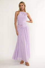 Brighten Drop Waist Flower Accent Maxi Dress Lilac