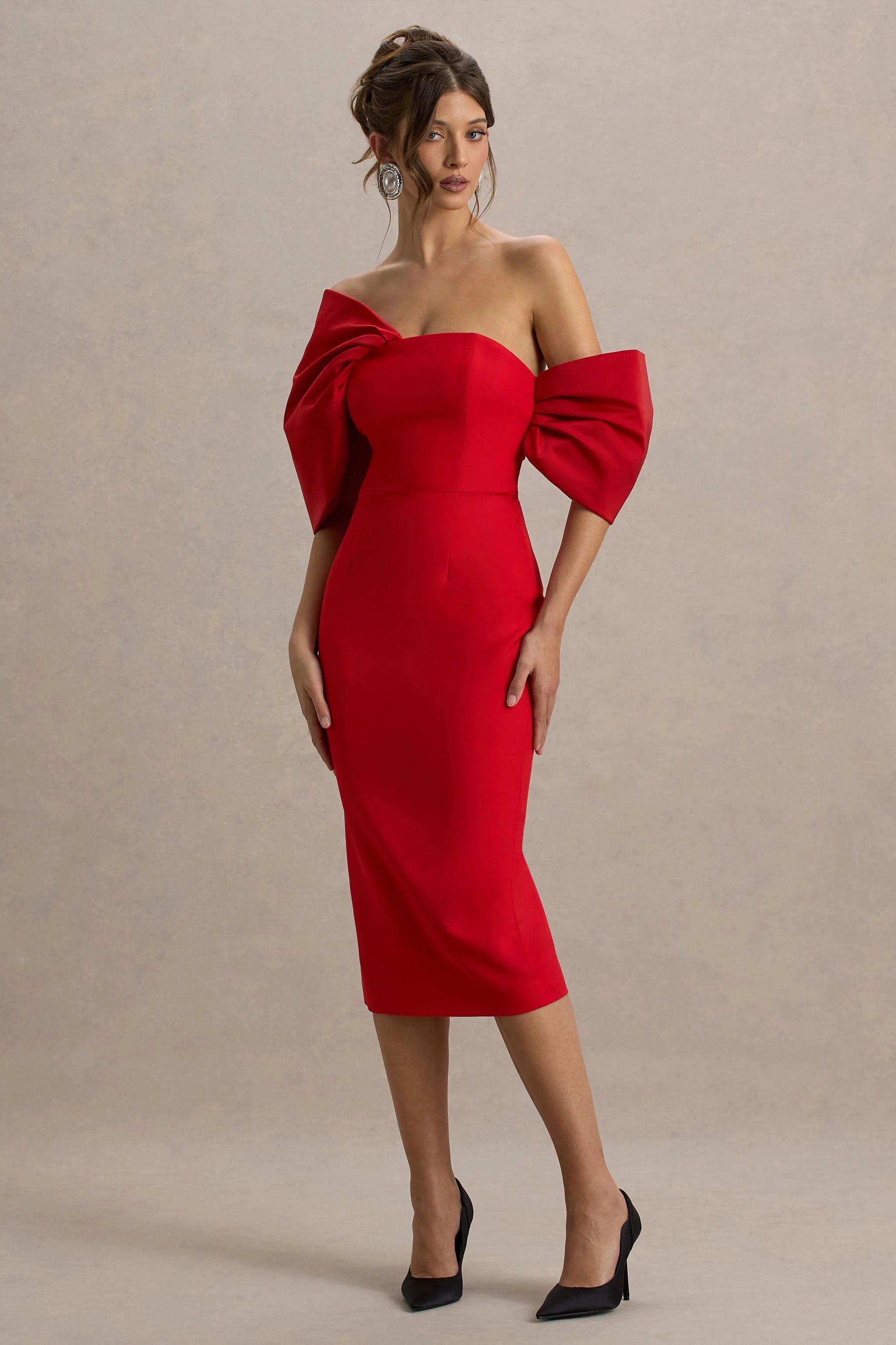 Lucille | Red Asymmetric Bardot Midi Dress With Bow Detail