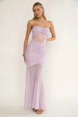 Sade Strapless Sheer Panel Ruched Maxi Dress Lilac