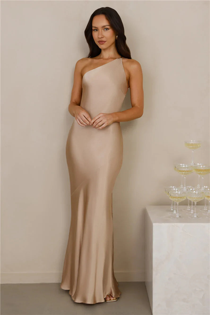 The Evangeline One Shoulder Satin Maxi Dress Champagne