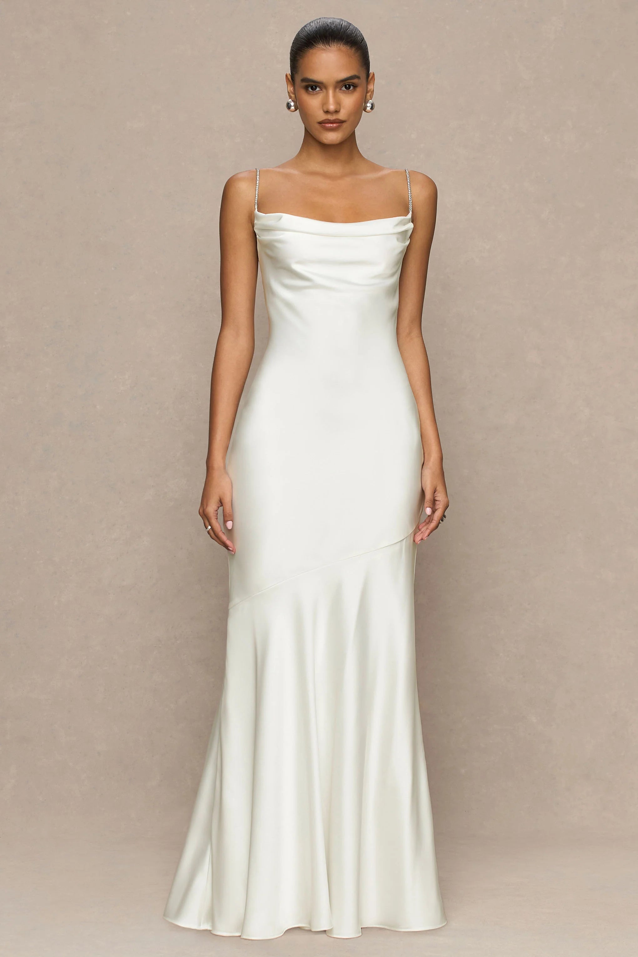 Maelia | Cream Satin Cowl-Neck Maxi Dress With Diamante Straps