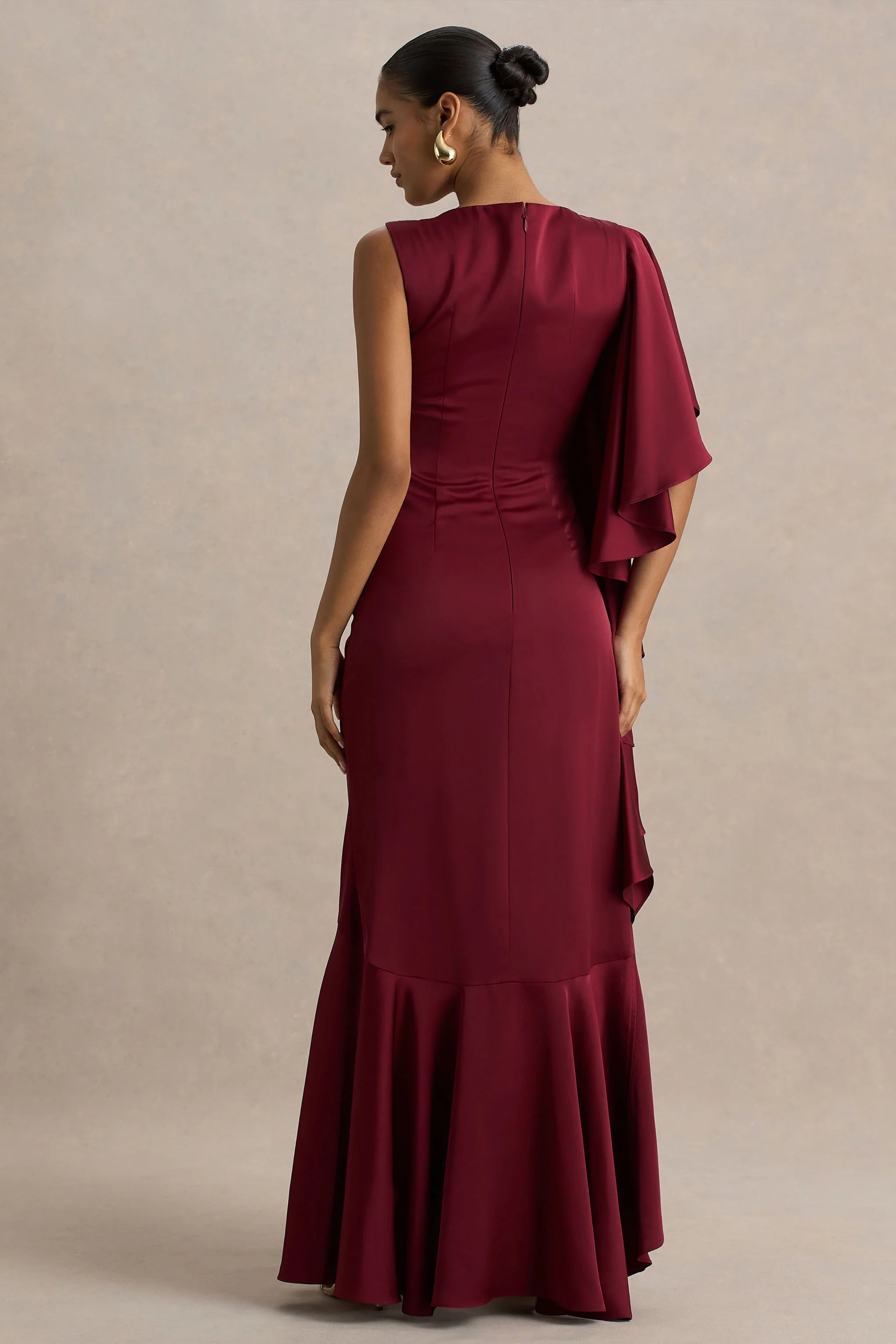 Rosy | Burgundy Satin Boat-Neck Maxi Dress With Front Split And Ruffled Detailing