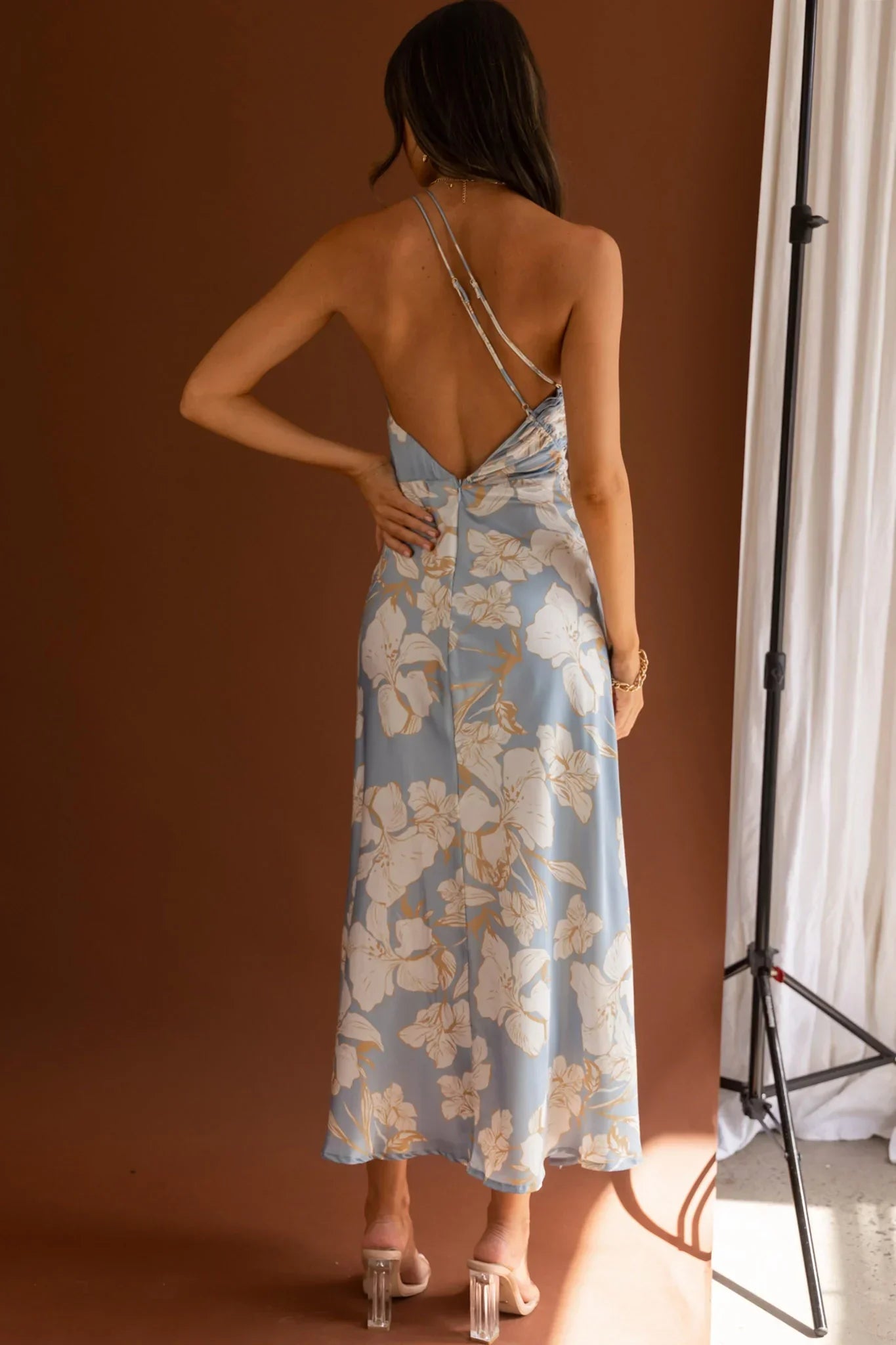 Casa Del Mar One-Shoulder Ruched Midi Dress Floral Blue