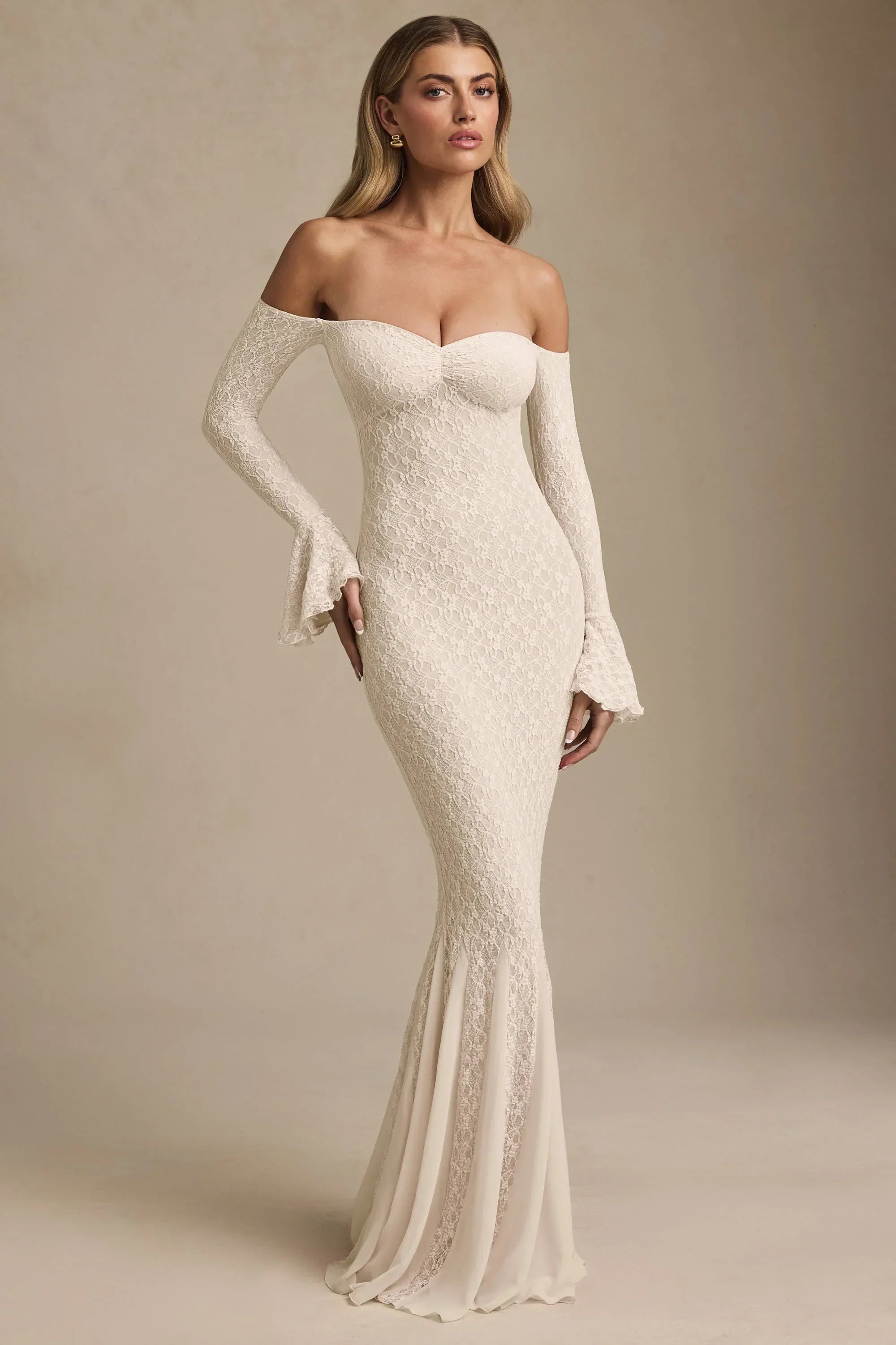 Off-Shoulder Ruffle Lace Maxi Dress in Ivory