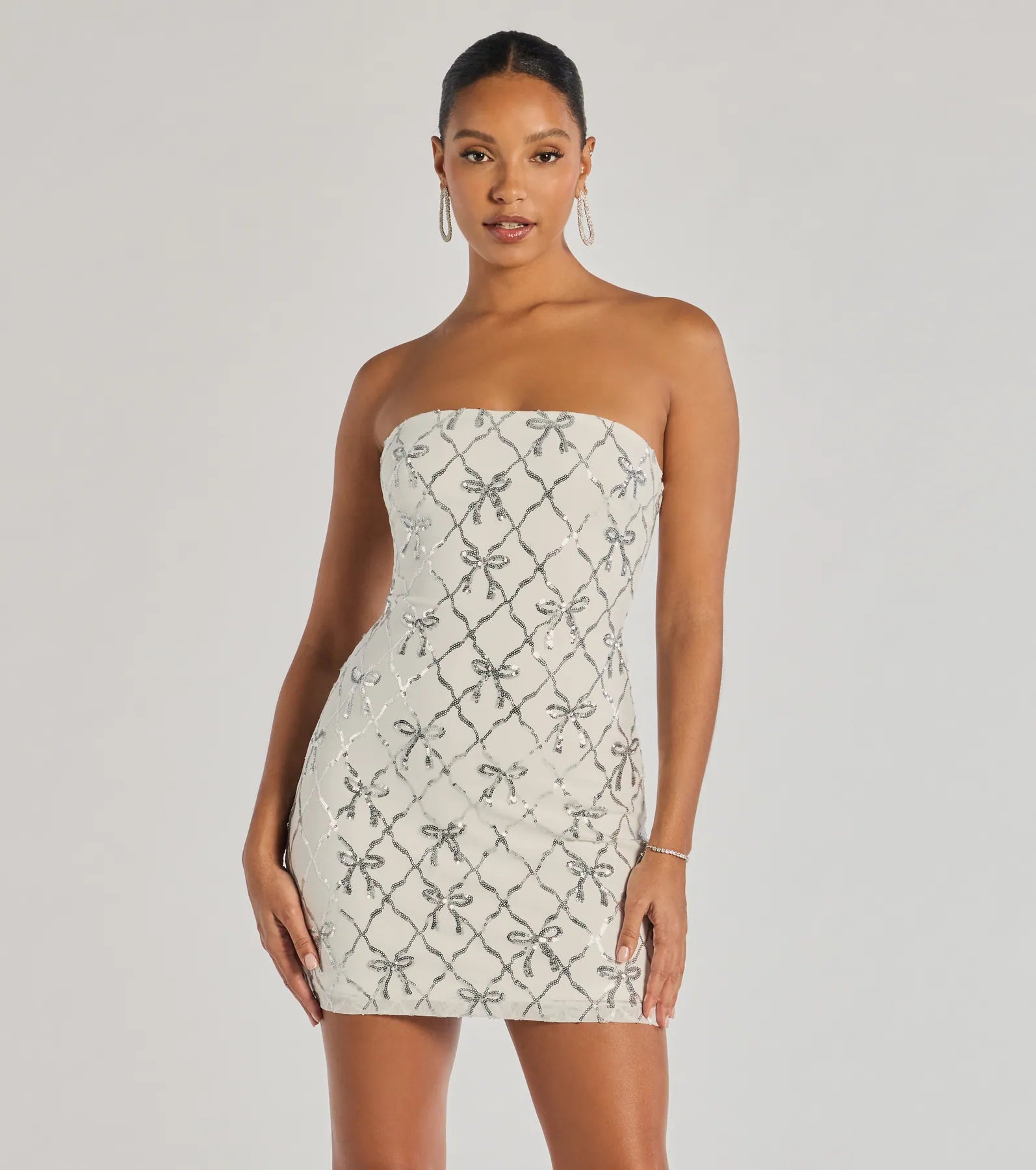 Cutest Style Sequin Bow Strapless Lace-Up Mini Dress
