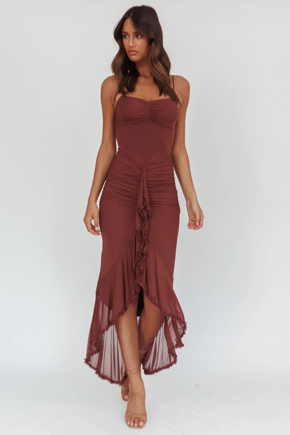 Kamilah Gathered Cascading Ruffle Midi Dress Maroon