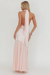 Italia Azure Halterneck Sheer Hem Maxi Dress Blush