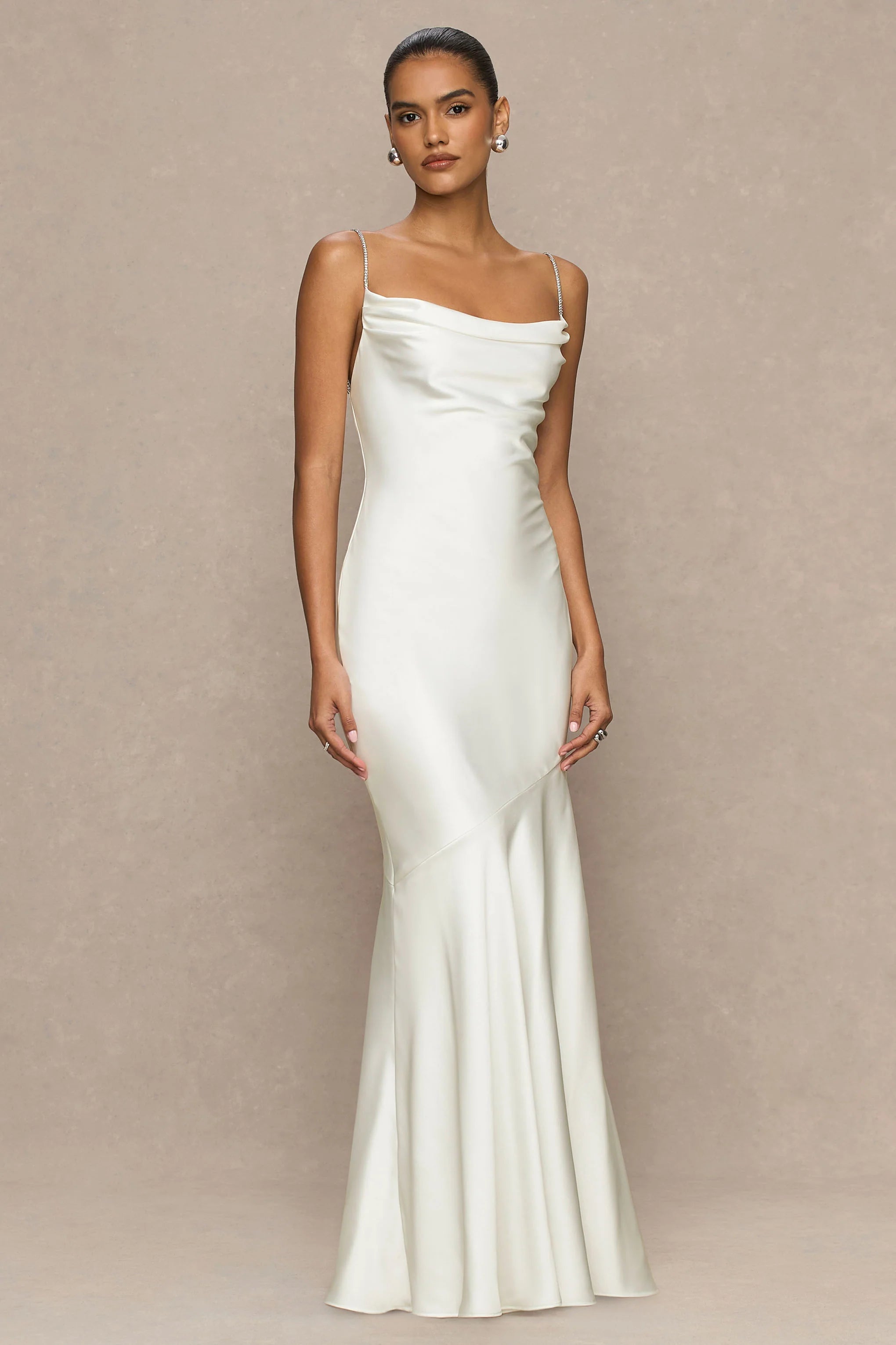 Maelia | Cream Satin Cowl-Neck Maxi Dress With Diamante Straps
