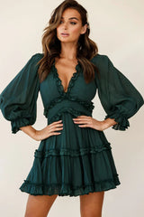 Laney Cutout Back Balloon Sleeve Dress Green