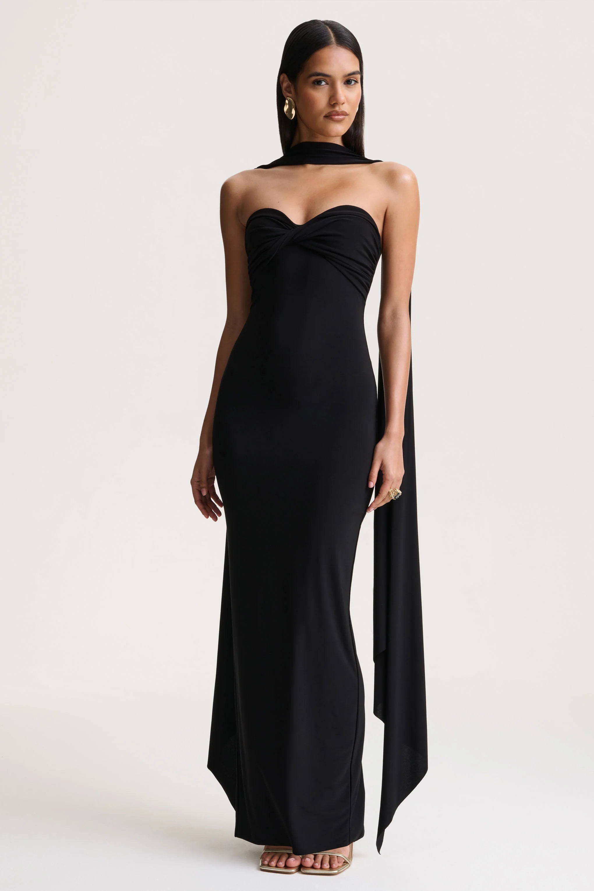 Sheila | Black Bandeau Maxi Dress With Scarf Detail