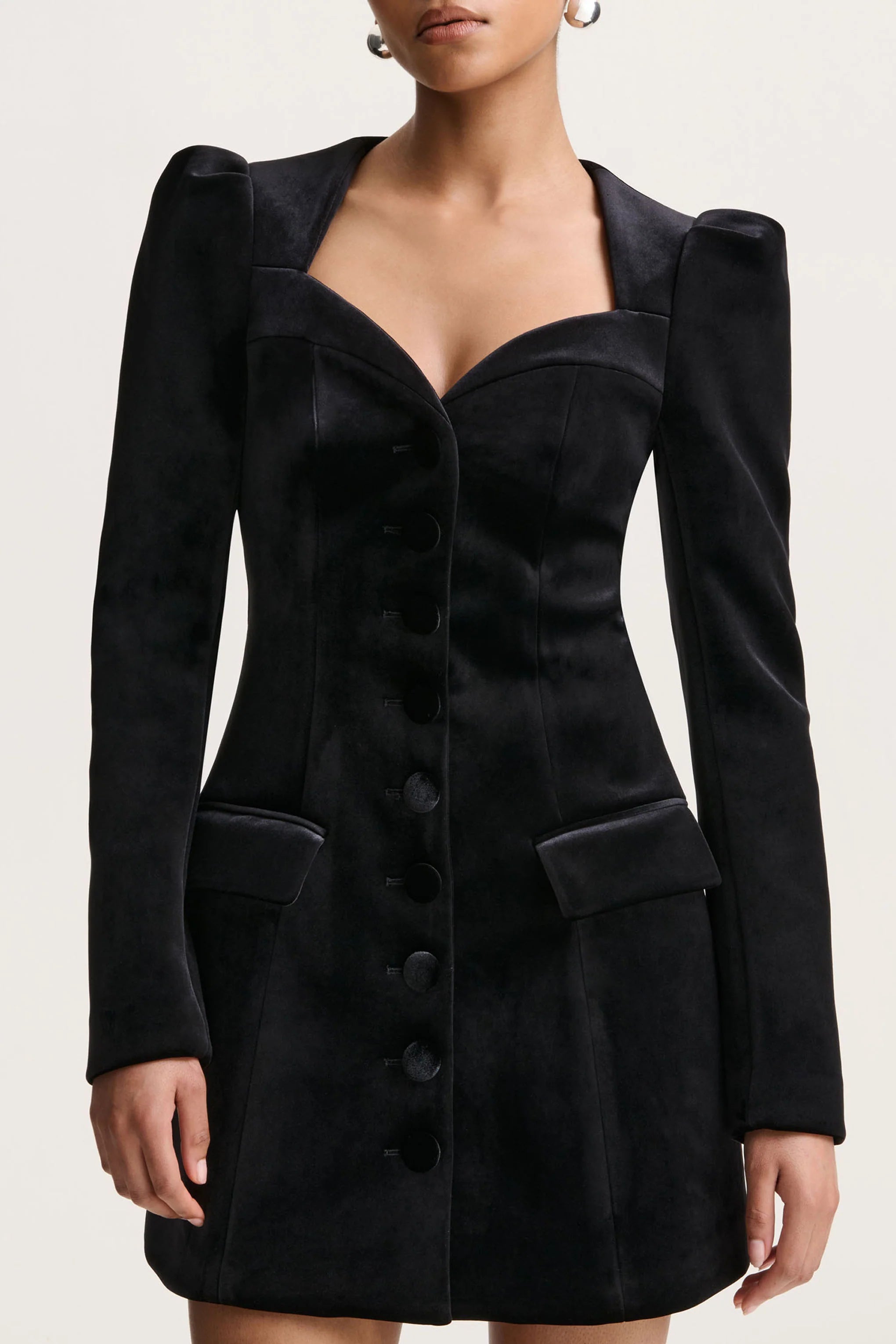 Friya | Black Velvet Sweetheart-Neck Tailored Mini Dress