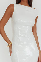 Country Club Asymmetric Neckline Midi Dress Sequin White