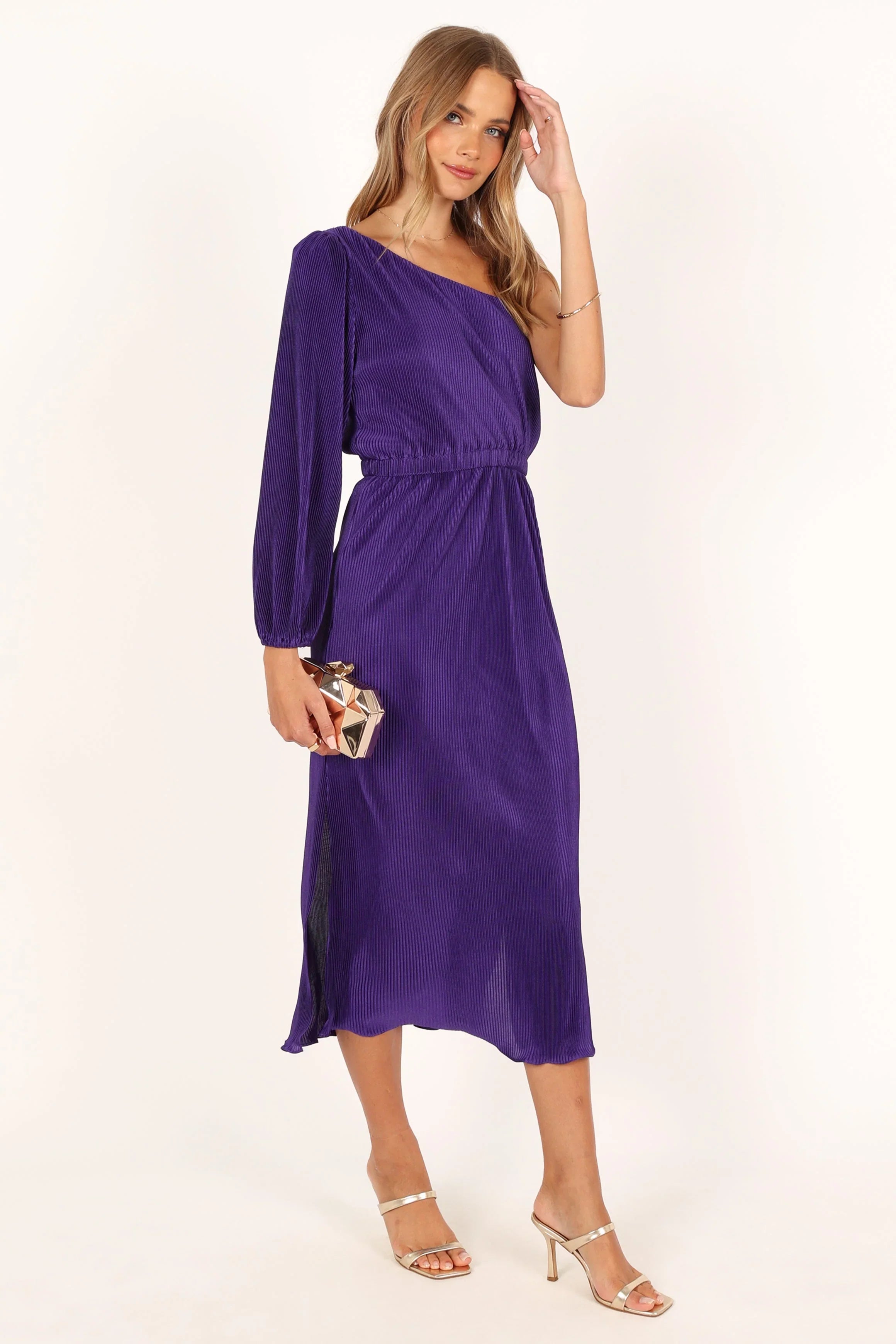 Pontee One Shoulder Pleated Midi Dress - Purple